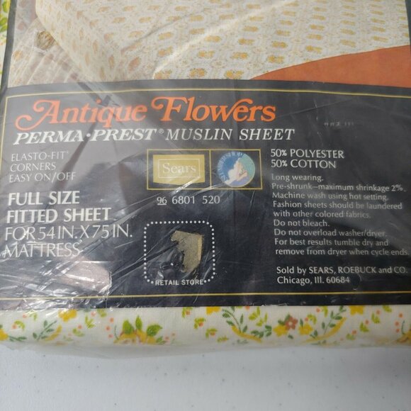 Sears Antique Flowers Sheet Set Full Flat Fitted Perma Prest Muslin Vintage NOS - Picture 4 of 10